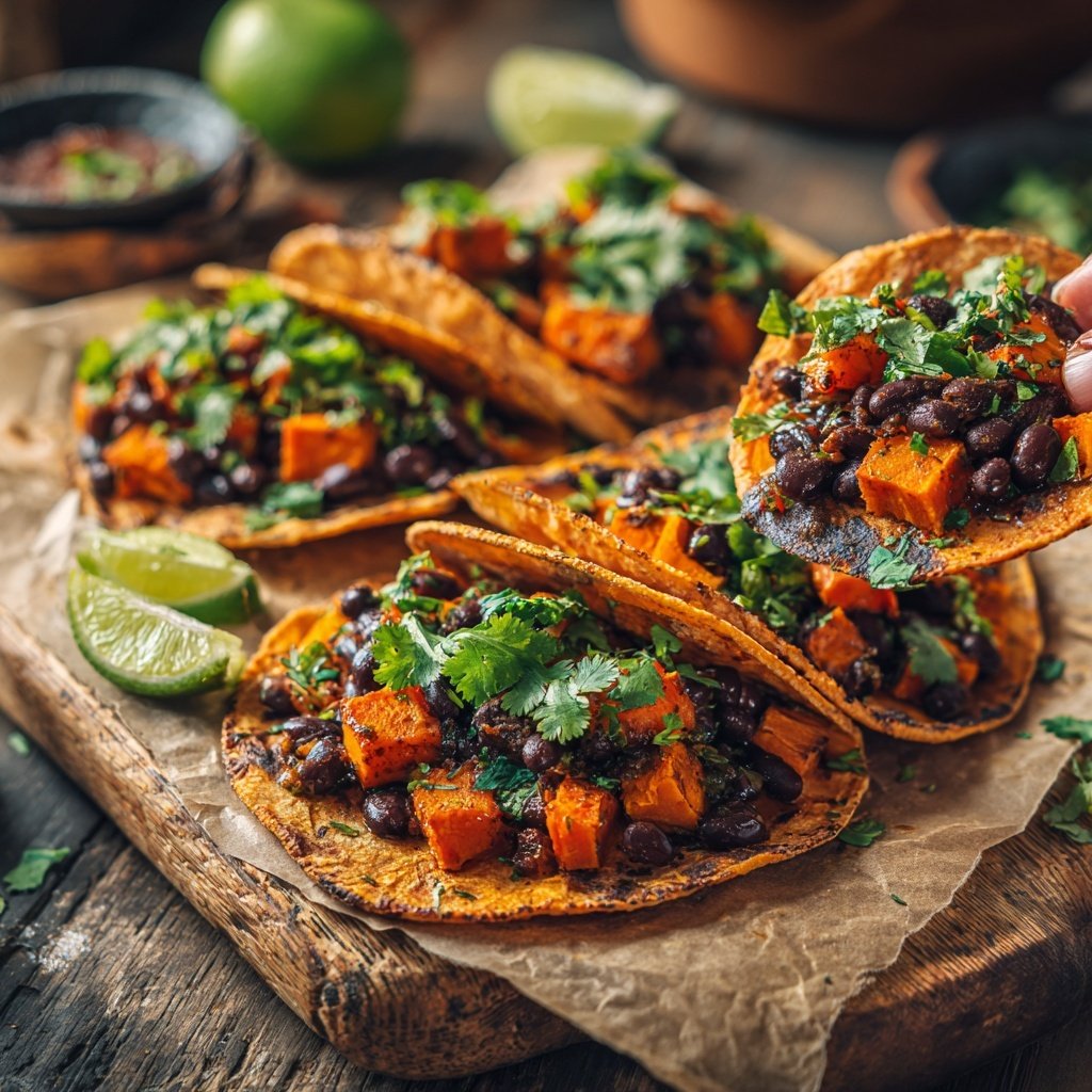 Süßkartoffel und Schwarze Bohnen Tacos