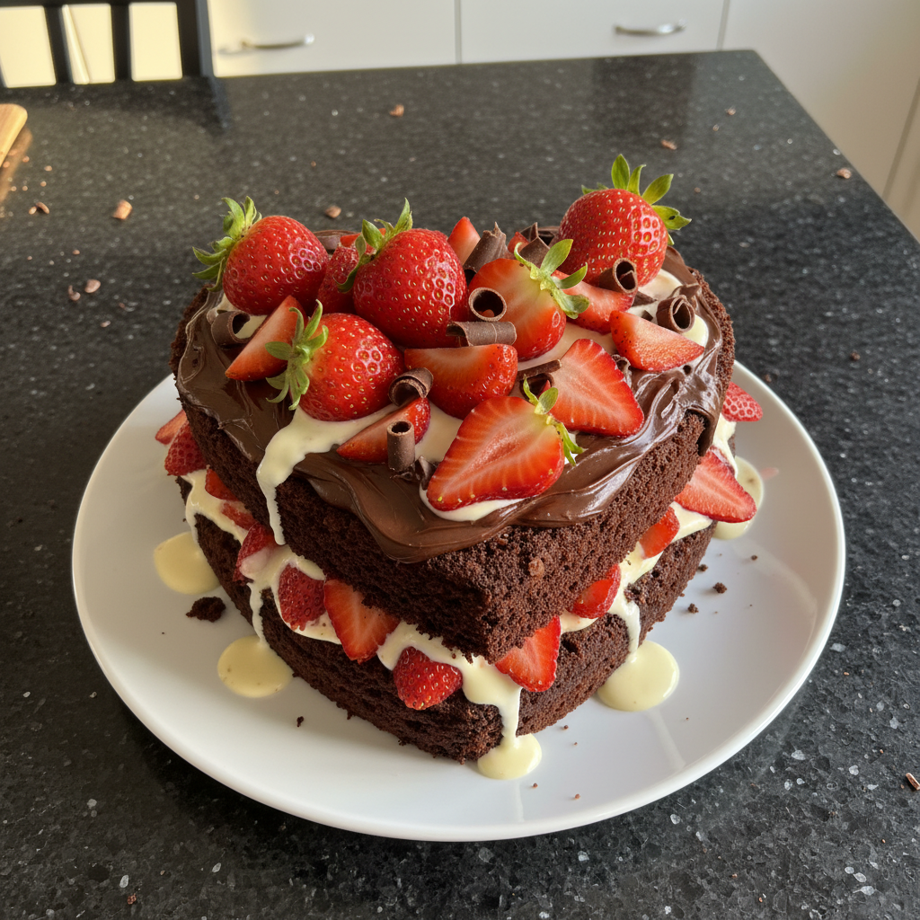 Herzförmiger Schokoladen und Erdbeer Kuchen