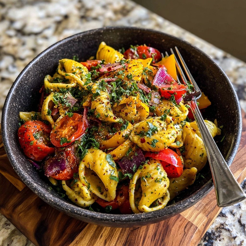 Harissa Pasta Salat Mediterran frisch