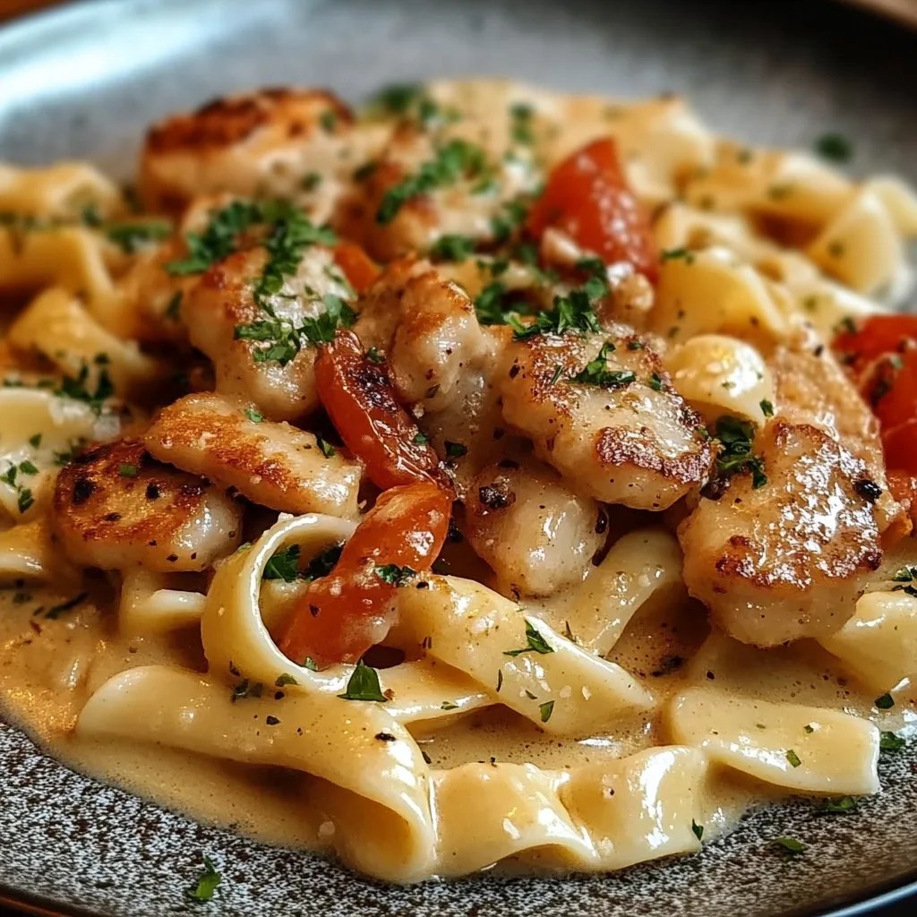 Zarte Hähnchenstreifen mit cremigen Nudeln in sahniger Sauce