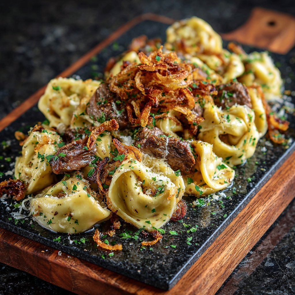 Knoblauch Steak Tortellini mit knusprigen Zwiebeln
