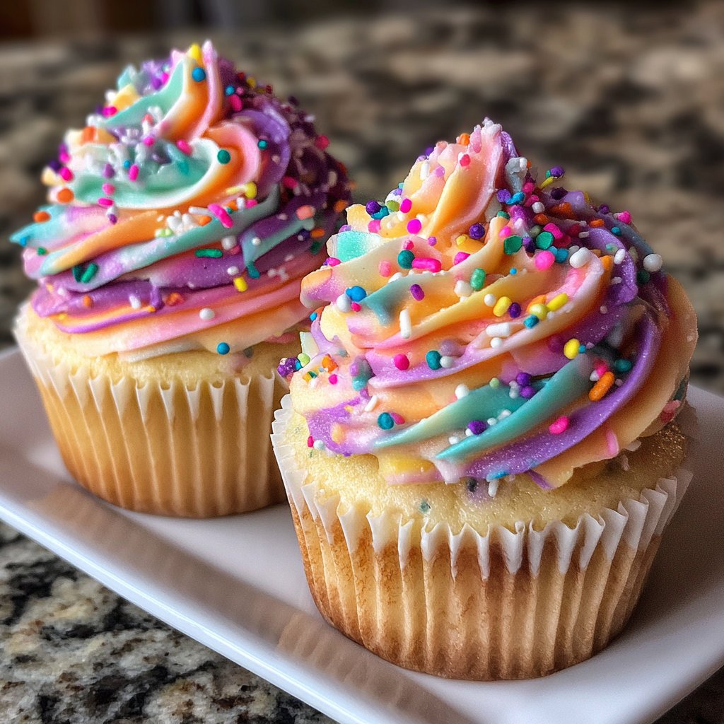 Rainbow Swirls Confetti Cupcakes