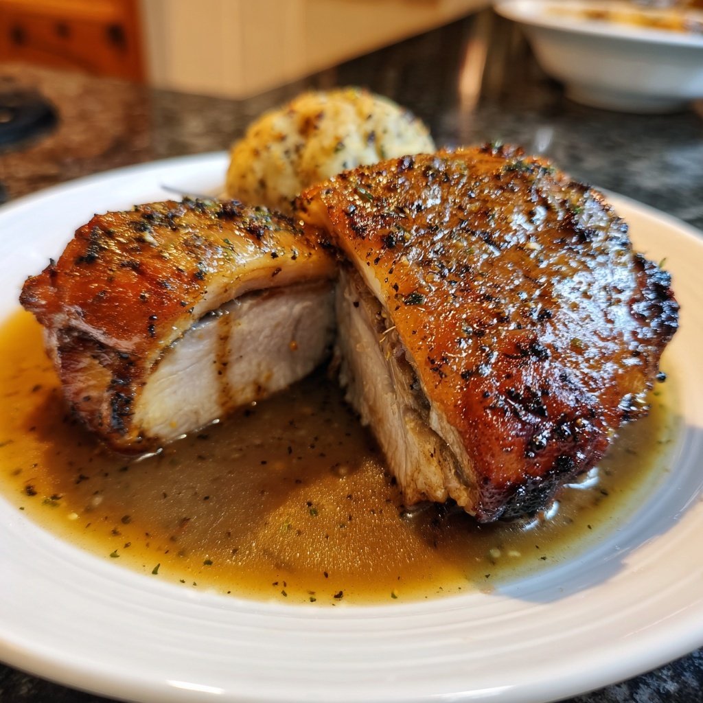 Schweinekrustenbraten mit Biersauce und Semmelknödeln​